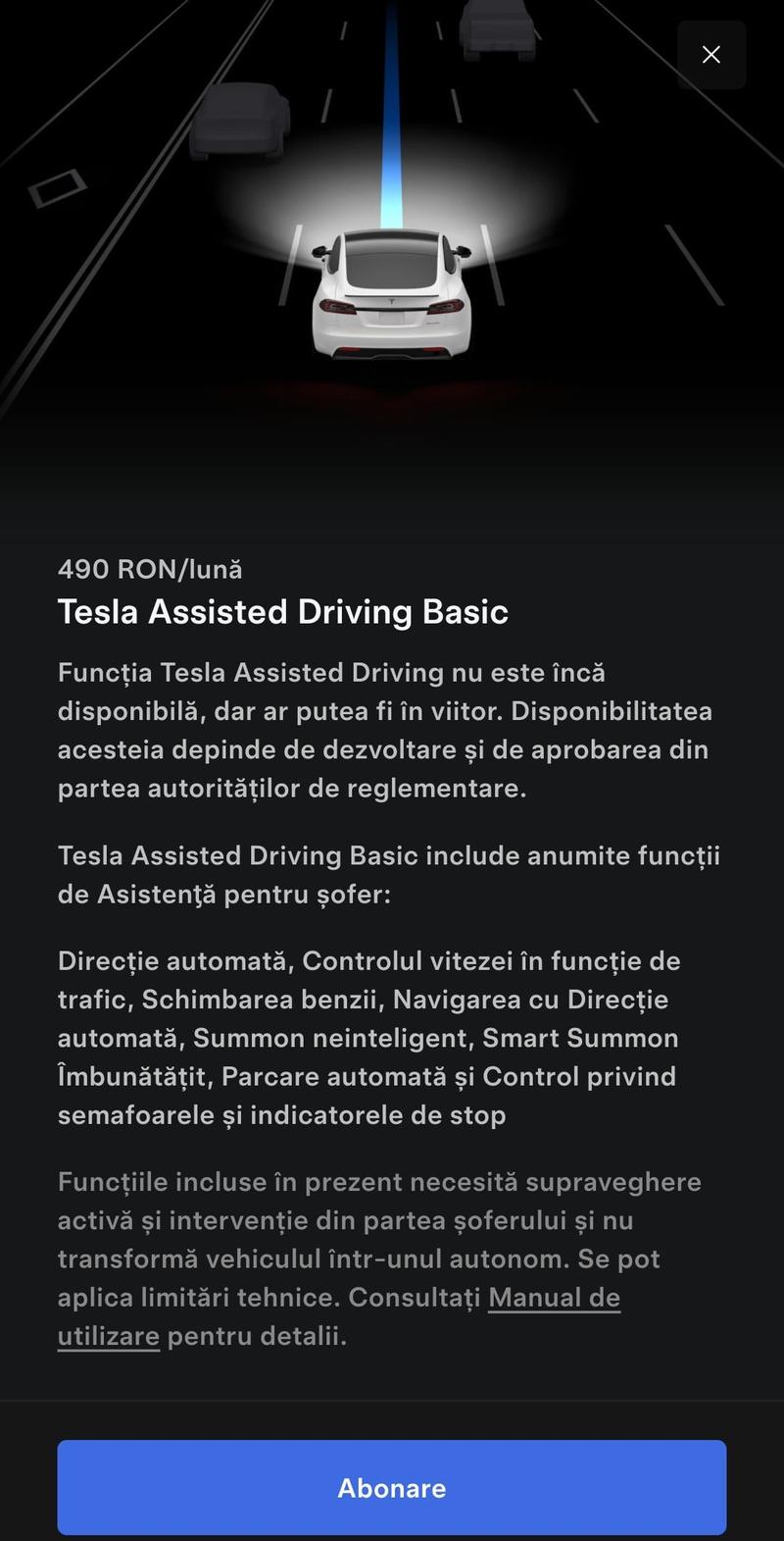 Screenshot of the Tesla app in Romania: Tesla Assisted Driving Basic, 490 RON/month, with the list of included driver-assist features