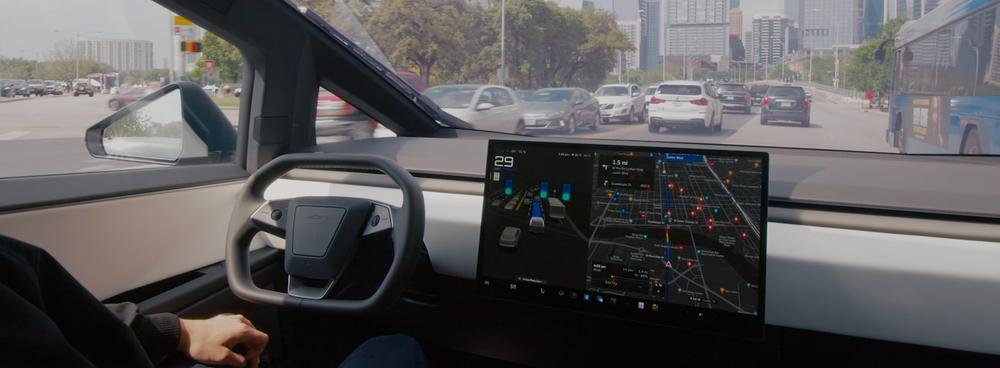Tesla Cybertruck with FSD (Supervised) in city traffic, seen from the cabin