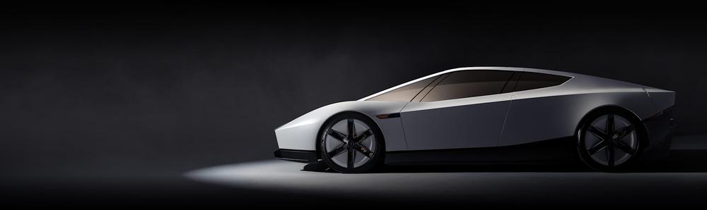 Side profile of the new white Tesla Roadster in a dark studio