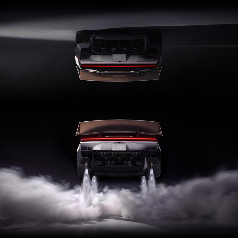 Rear of the Tesla Roadster with cold-gas thruster jets firing above a cloud of smoke