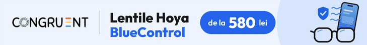 Congruent Optică Medicală Iași: Hoya BlueControl lenses from 580 lei, progressive glasses from 1,200 lei, 1+1 free prescription sun lenses
