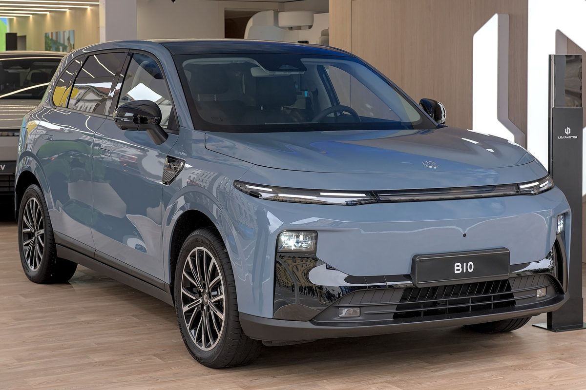 Blue-grey Leapmotor B10 electric SUV on display at IAA Mobility 2025 in Munich