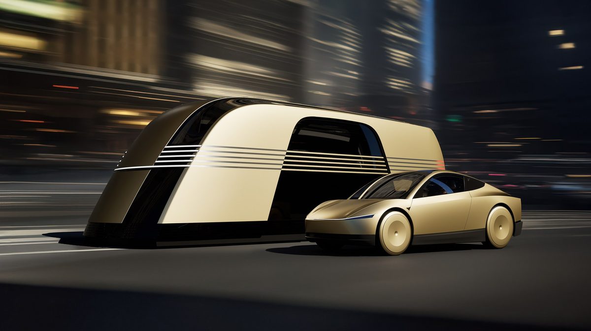Tesla Cybercab and Robovan on a city street at night