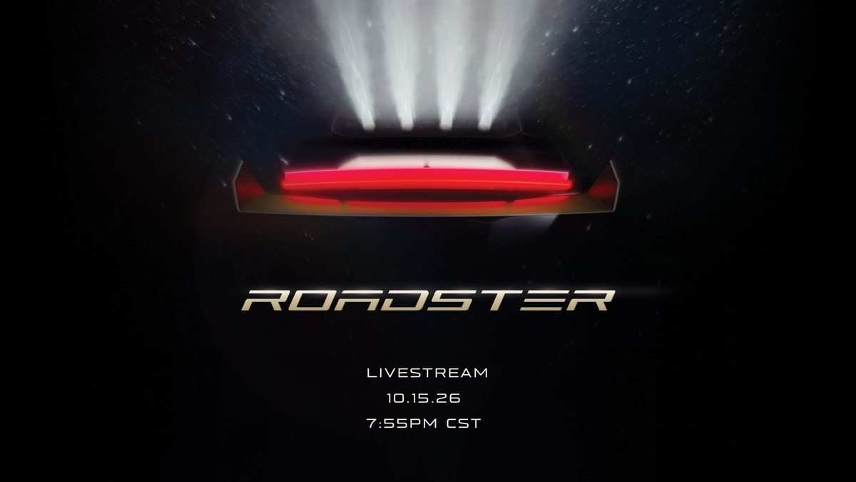 Official Tesla Roadster teaser with red tail lights and the text Livestream 10.15.26, 7:55PM CST