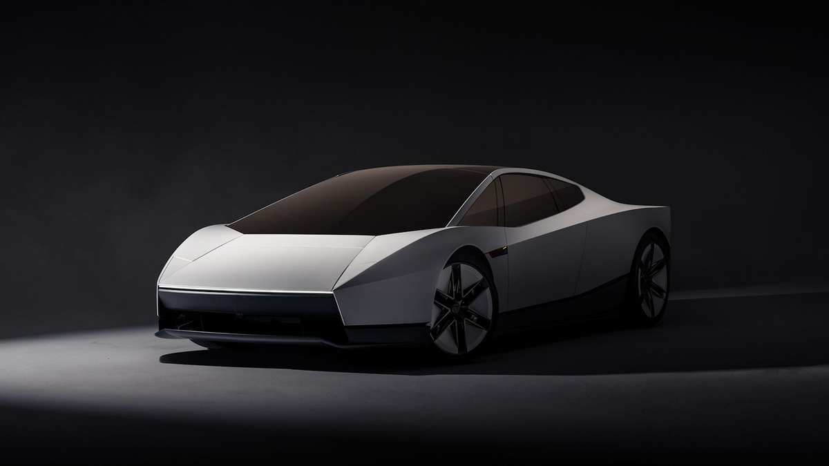 The new white Tesla Roadster seen from the front three-quarter angle in a dark studio
